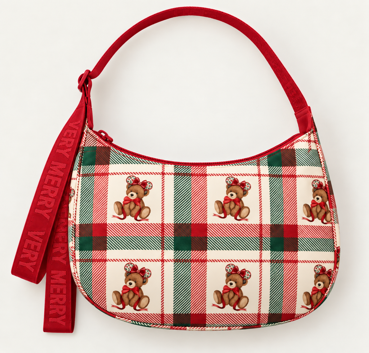 Christmas Teddy Plaid Crescent Bag - PREORDER 6-8wks